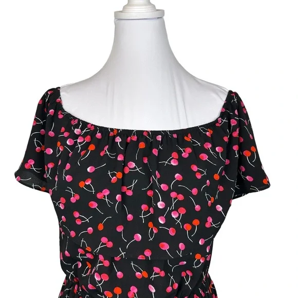 Dress Black w/ Red Cherries Flounce Top Elastic Waist Size M like … - Picture 4 of 11